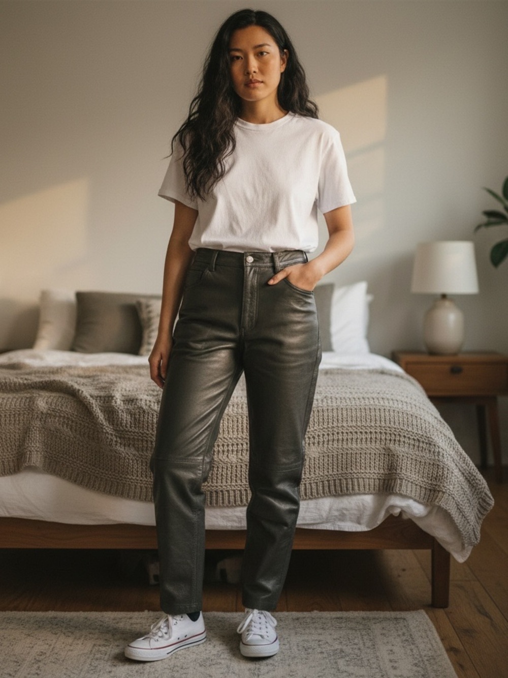 Vtg SKINN High-Rise Straight-Leg Gray Genuine Leather Pants 42 XL